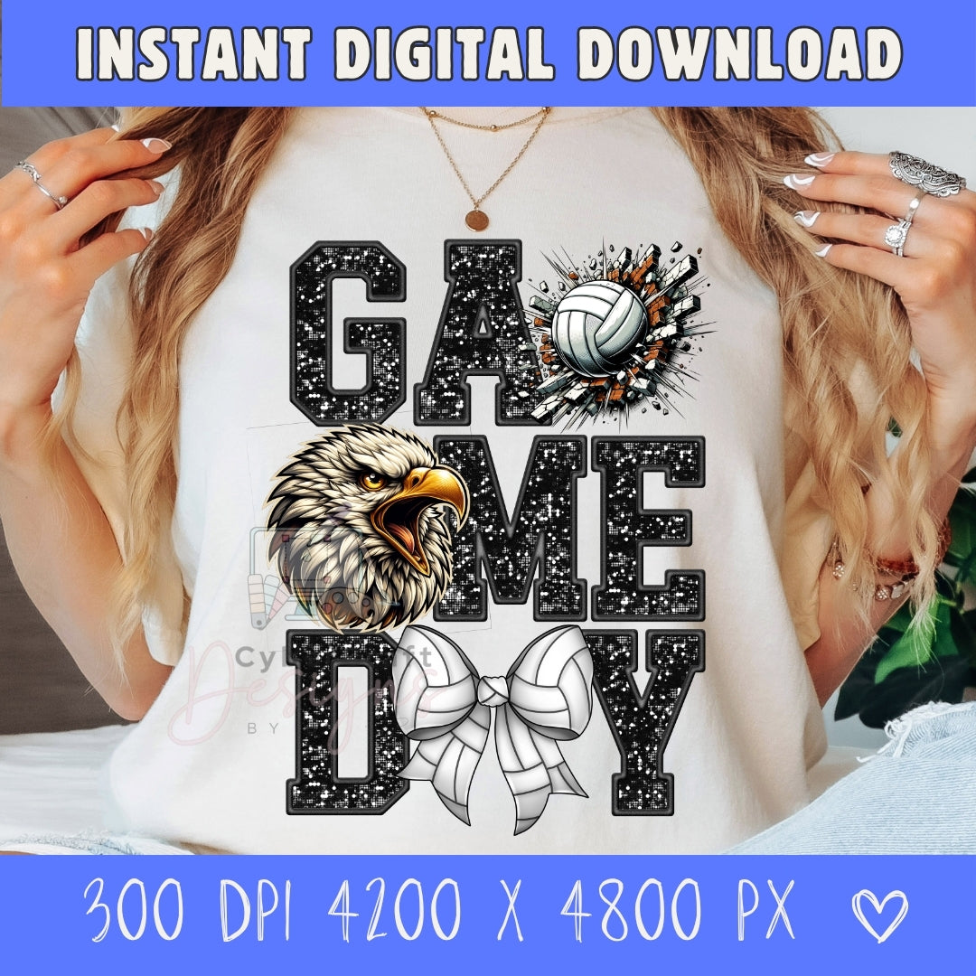 A woman wearing a white graphic sweatshirt with a black glitter-style 'GAME DAY' design, featuring a volleyball, eagle head, and ribbon bow. The photo is framed with blue banners reading 'INSTANT DIGITAL DOWNLOAD' and '300 DPI 4200 X 4800 PX'.