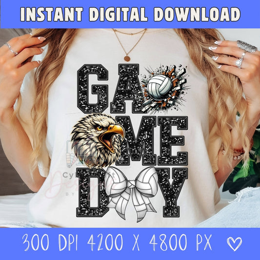 A woman wearing a white graphic sweatshirt with a black glitter-style 'GAME DAY' design, featuring a volleyball, eagle head, and ribbon bow. The photo is framed with blue banners reading 'INSTANT DIGITAL DOWNLOAD' and '300 DPI 4200 X 4800 PX'.