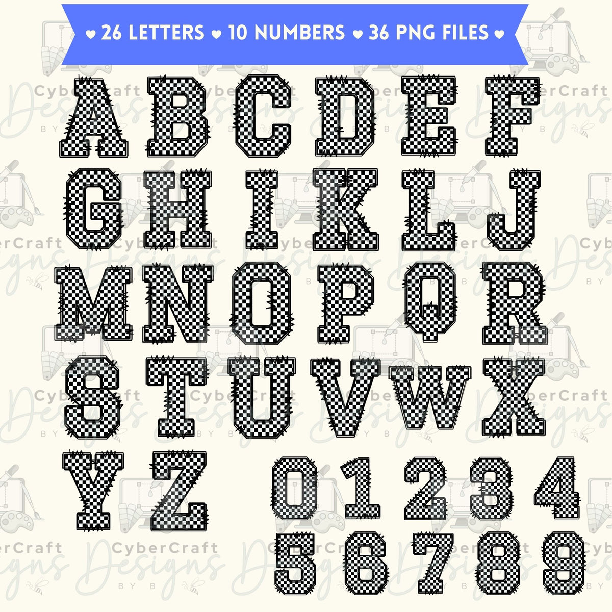 Checkered Varsity Doodle Alphabet & Numbers PNG Bundle | 36 High-Resolution Digital Clipart Files | Commercial Use Alphabet | A-Z & 0-9 PNG Download
