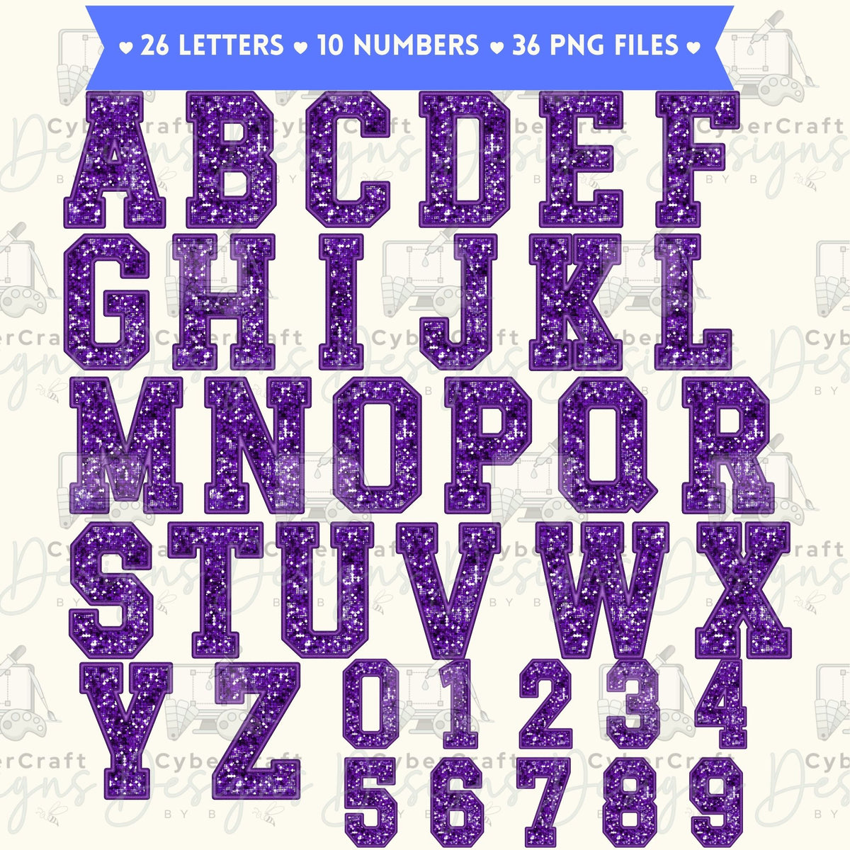 Purple Glitter Varsity Alphabet & Number Clip Art Bundle PNG | A-Z Letters & 0-9 Numbers | Commercial Use | Sublimation Alphabet | Digital Download