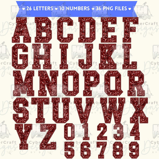 Maroon Varsity Glitter Alphabet Clip Art Bundle PNG | A-Z Letters & 0-9 Numbers | Faux Glitter Varsity Letters | Commercial Use | Digital Download