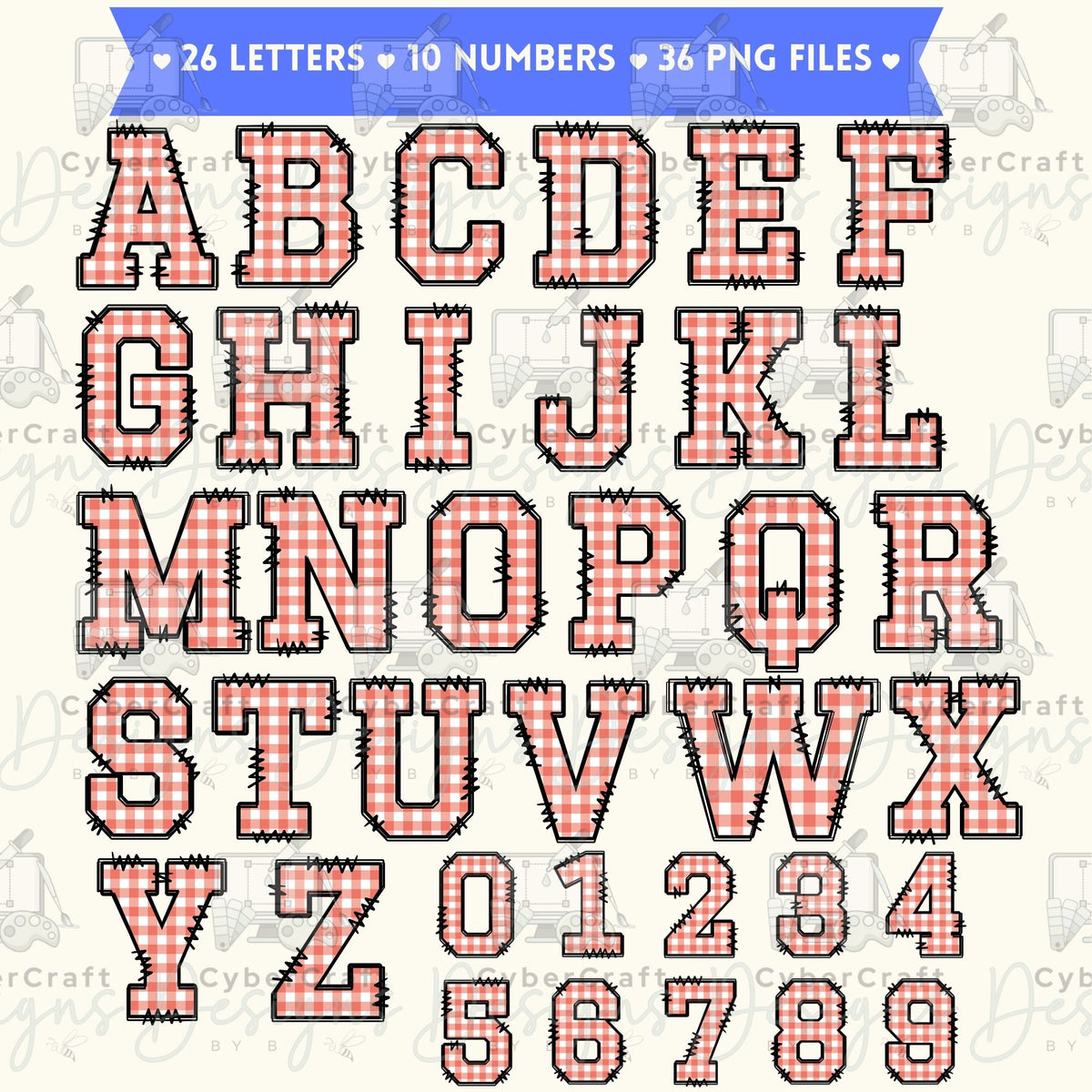 Pink Gingham Alphabet Clip Art Bundle PNG | A-Z Letters & 0-9 Numbers | Commercial Use | Sublimation Alphabet | Digital Download | Printable Monogram Letters