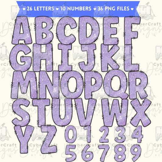 Purple Glitter Alphabet Clip Art Bundle PNG | A-Z Letters & 0-9 Numbers | Sparkle Monogram Alphabet | Commercial Use | Digital Download
