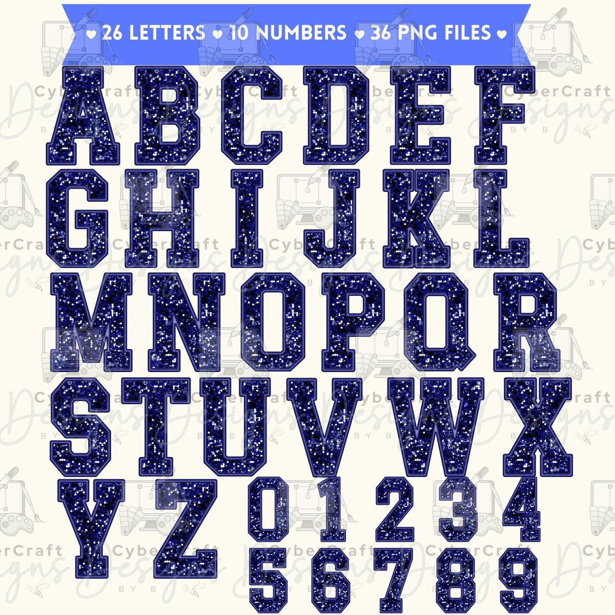 Navy Varsity Glitter Alphabet Clip Art Bundle PNG | A-Z Letters & 0-9 Numbers | Faux Glitter Varsity Letters | Commercial Use | Digital Download