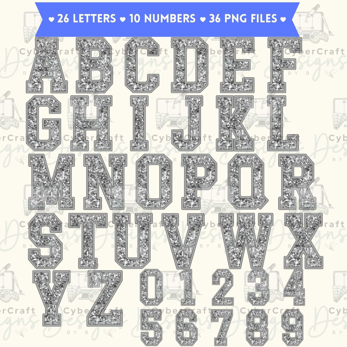 Silver Glitter Varsity Alphabet & Number Clip Art Bundle PNG | A-Z Letters & 0-9 Numbers | Commercial Use | Sublimation Alphabet | Digital Download