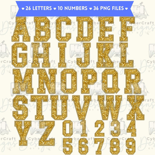 Gold Glitter Varsity Alphabet & Number Clip Art Bundle PNG | A-Z Letters & 0-9 Numbers | Commercial Use | Sublimation Alphabet | Digital Download
