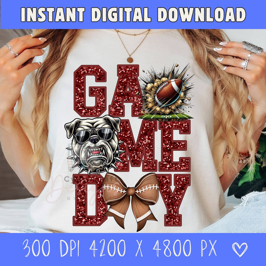 Maroon glitter Game Day Bulldogs football PNG digital download featuring varsity lettering, football graphic, pirate mascot, and football bow for sublimation, DTF printing, school spirit shirts, and football mom crafts.