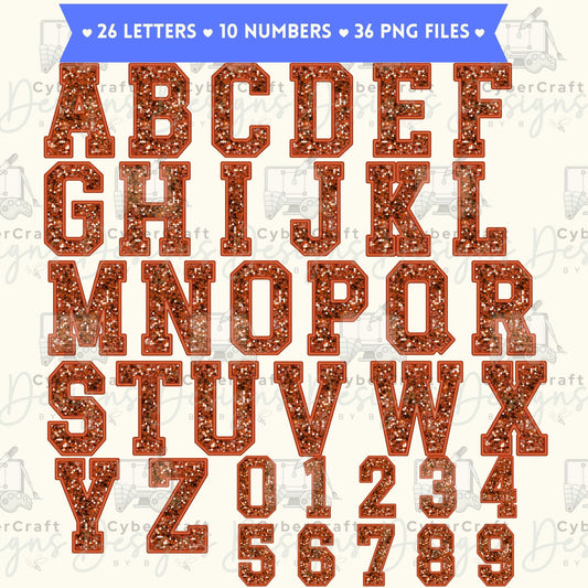 Orange Glitter Varsity Alphabet & Number Clip Art Bundle PNG | A-Z Letters & 0-9 Numbers | Commercial Use | Sublimation Alphabet | Digital Download