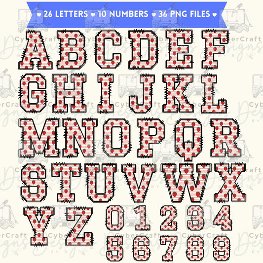 Strawberries & Stripes Alphabet PNG Bundle | 36 Strawberry Letter & Number Clipart Files | A-Z & 0-9 Commercial Use Digital Download