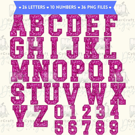 Pink Glitter Varsity Alphabet & Number Clip Art Bundle PNG | A-Z Letters & 0-9 Numbers | Commercial Use | Sublimation Alphabet | Digital Download