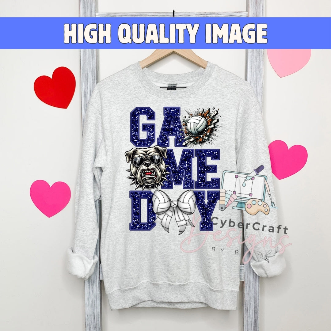 A light heather gray crewneck sweatshirt hanging on a wooden hanger, featuring a 'GAME DAY' graphic with a bulldog, volleyball, and cheerleader bow. The image has a navy banner at the top reading 'HIGH QUALITY IMAGE' and pink heart graphics on a white background.