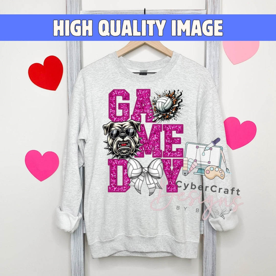 A light gray crewneck sweatshirt hanging on a wooden hanger, featuring a 'GAME DAY' graphic with a bulldog, volleyball, and gaming icons. The background is a white wall with decorative pink and red hearts and a blue banner at the top reading 'HIGH QUALITY IMAGE'.