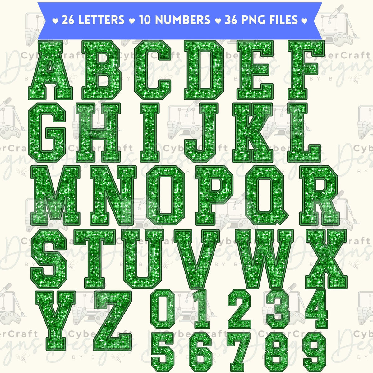 Green Glitter Varsity Alphabet & Number Clip Art Bundle PNG | A-Z Letters & 0-9 Numbers | Commercial Use | Sublimation Alphabet | Digital Download