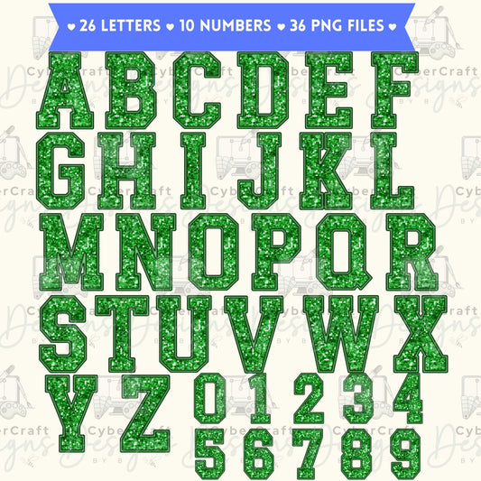 Green Glitter Varsity Alphabet & Number Clip Art Bundle PNG | A-Z Letters & 0-9 Numbers | Commercial Use | Sublimation Alphabet | Digital Download