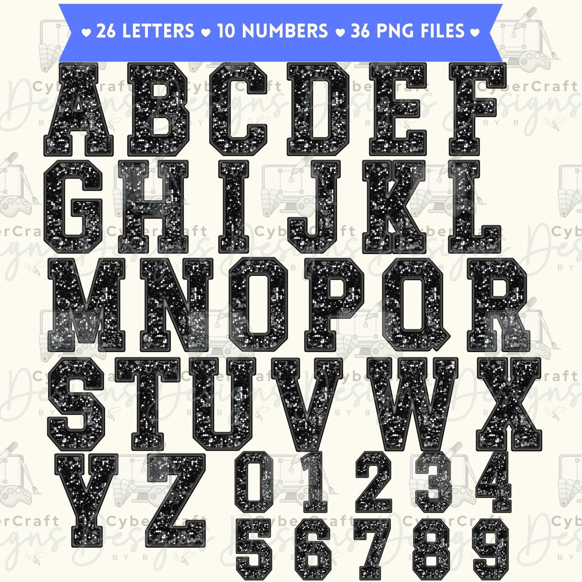 Black Faux Glitter Varsity Alphabet & Numbers PNG Bundle | A-Z Letters & 0-9 Clipart | Commercial Use | Sublimation Alphabet | Sports Monogram