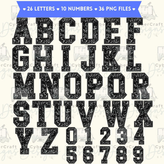 Black Faux Glitter Varsity Alphabet & Numbers PNG Bundle | A-Z Letters & 0-9 Clipart | Commercial Use | Sublimation Alphabet | Sports Monogram