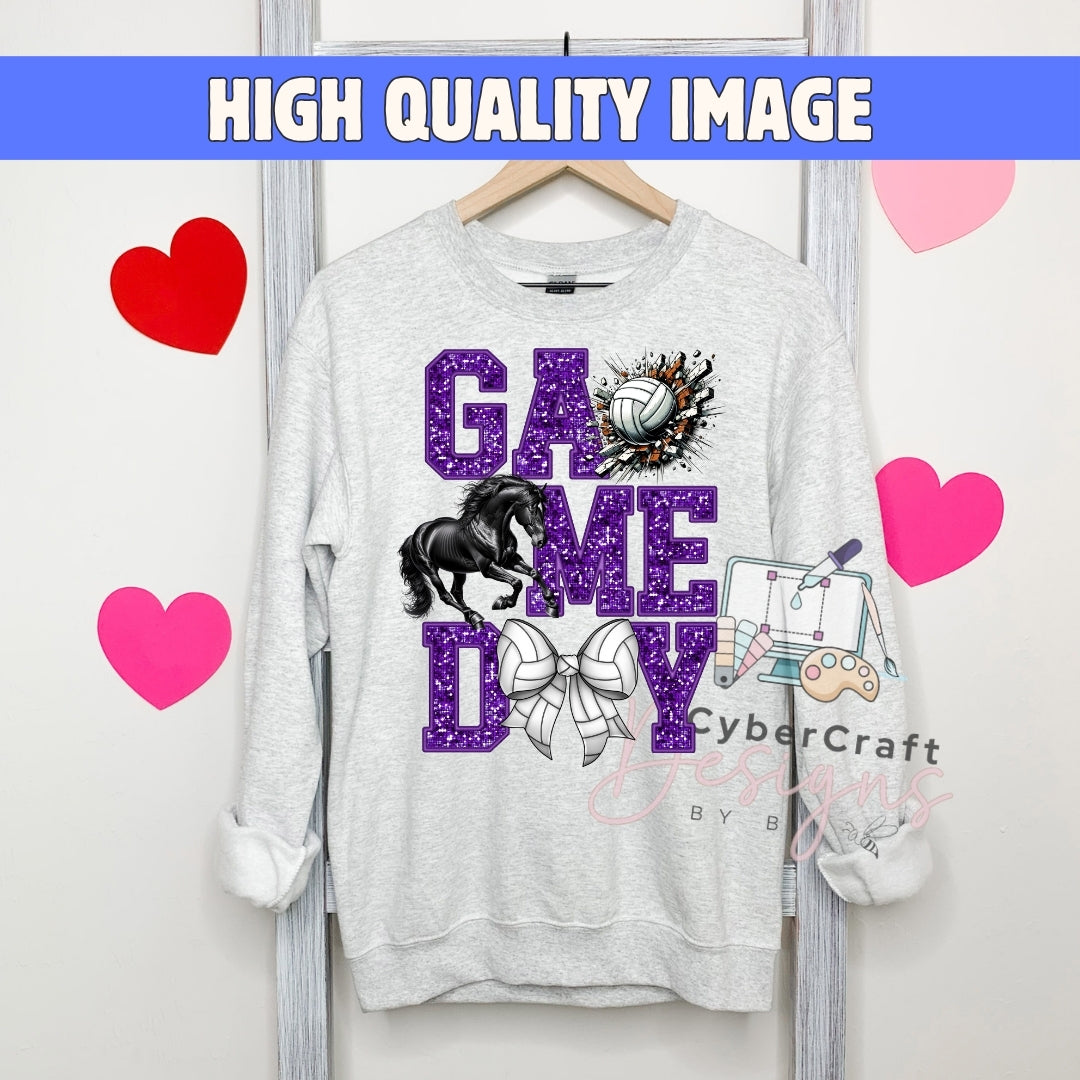 A light heather gray crewneck sweatshirt hanging on a wooden hanger, featuring a purple glittery 'GAME DAY' graphic with a horse, volleyball, and cartoon graphic. The background is a white wall with a blue banner at the top reading 'HIGH QUALITY IMAGE' and pink/red heart graphics.