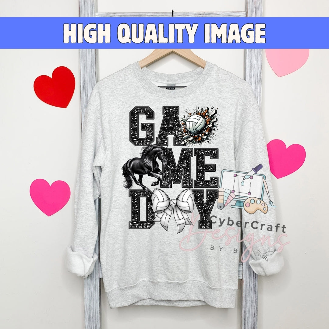 A light gray crewneck sweatshirt hanging on a wooden hanger, featuring a black and white graphic design that reads 'GAME DAY' with a bulldog, volleyball, and gaming controller motifs. The image has a blue banner at the top reading 'HIGH QUALITY IMAGE' and pink heart graphics on the sides.