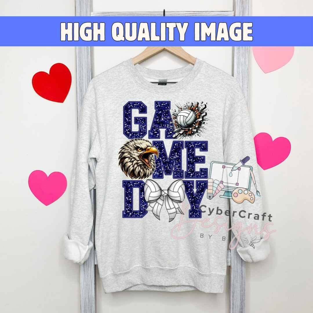 A light heather gray crewneck sweatshirt hanging on a wooden hanger, featuring a 'Game Day' graphic with a volleyball, eagle, and bow tie, alongside a 'cyberCraft' watermark. The background is white with pink and red heart graphics and a blue banner at the top reading 'HIGH QUALITY IMAGE'.