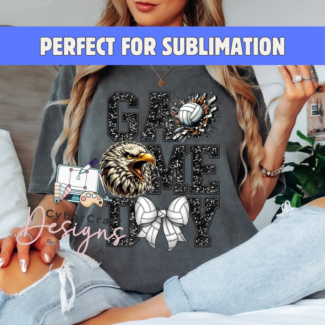 A woman wearing a dark gray t-shirt with a large 'GAME DAY' graphic featuring a bald eagle, volleyball, and bow tie. The image has a blue banner at the top that reads 'PERFECT FOR SUBLIMATION' and a watermark 'CyberCraft Designs'.