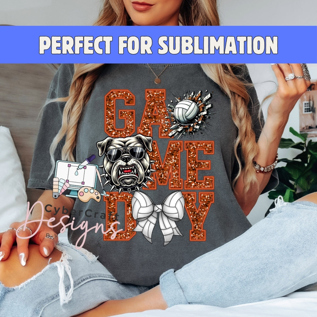 A woman wearing a dark gray graphic t-shirt with a glittery orange 'GAME DAY' design, a bulldog face, a volleyball, and a white bow. The image includes a blue banner at the top reading 'PERFECT FOR SUBLIIMATION' and a watermark 'CyberCraft Designs'.