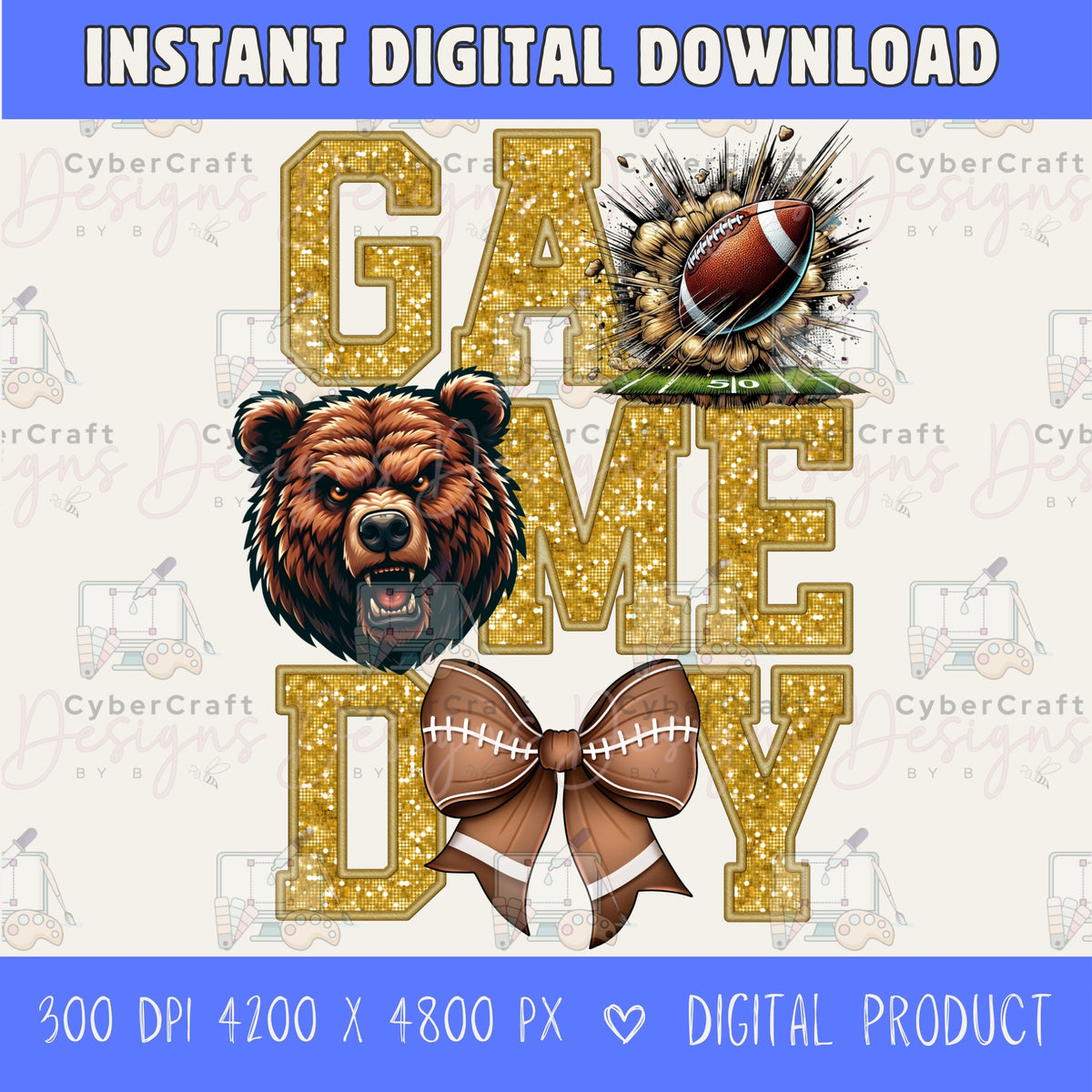 High-resolution Game Day Bears football PNG digital download with transparent background, gold glitter varsity lettering, football graphic, pirate mascot, football bow, 4200 x 4800 pixels, and 300 DPI for sublimation and printable crafts.