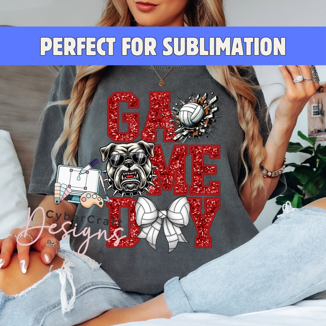 A woman wearing a dark gray t-shirt with a red glittery 'GAME DAY' graphic featuring a bulldog, volleyball, and cheerleader bow. A blue banner at the top reads 'PERFECT FOR SUBLIMATION' and a watermark 'CyberCraft Designs' is visible.