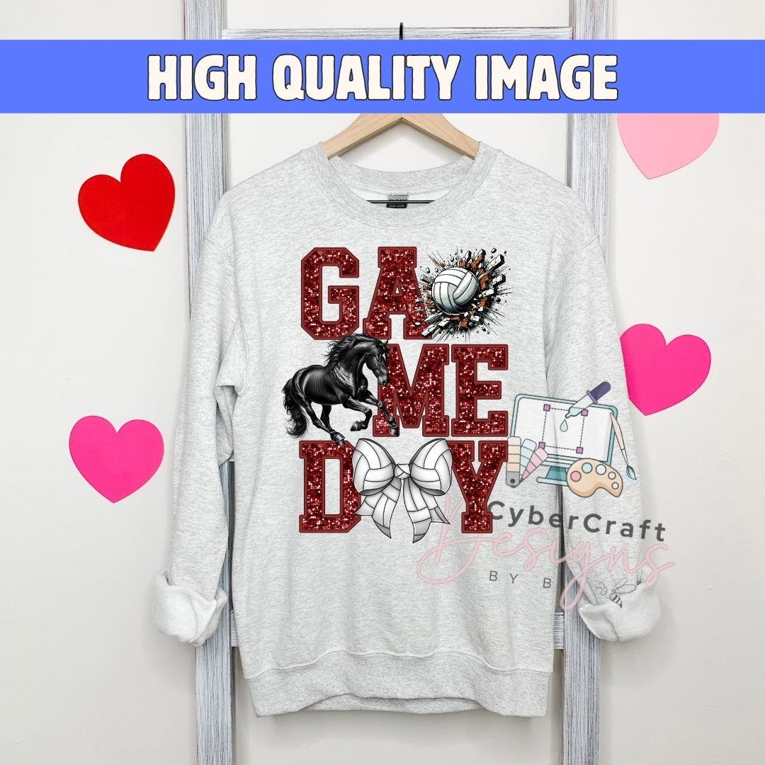 A light gray crewneck sweatshirt hanging on a wooden hanger, featuring a 'GAME DAY' graphic with red glitter-style letters, a black-and-white horse, a volleyball, and a bow. The sweatshirt is displayed against a white wall with decorative red and pink hearts, and a blue banner at the top reads 'HIGH QUALITY IMAGE'.