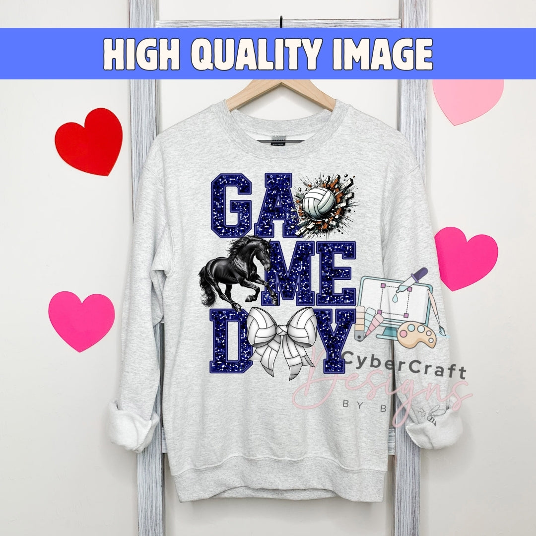 A light heather gray crewneck sweatshirt hanging on a wooden hanger, featuring a 'Game Day' graphic with a horse, volleyball, bow tie, and a laptop. The background is white with pink and red heart graphics and a blue banner at the top that reads 'HIGH QUALITY IMAGE'.
