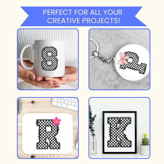 Checkered Varsity Doodle Alphabet & Numbers PNG Bundle | 36 High-Resolution Digital Clipart Files | Commercial Use Alphabet | A-Z & 0-9 PNG Download