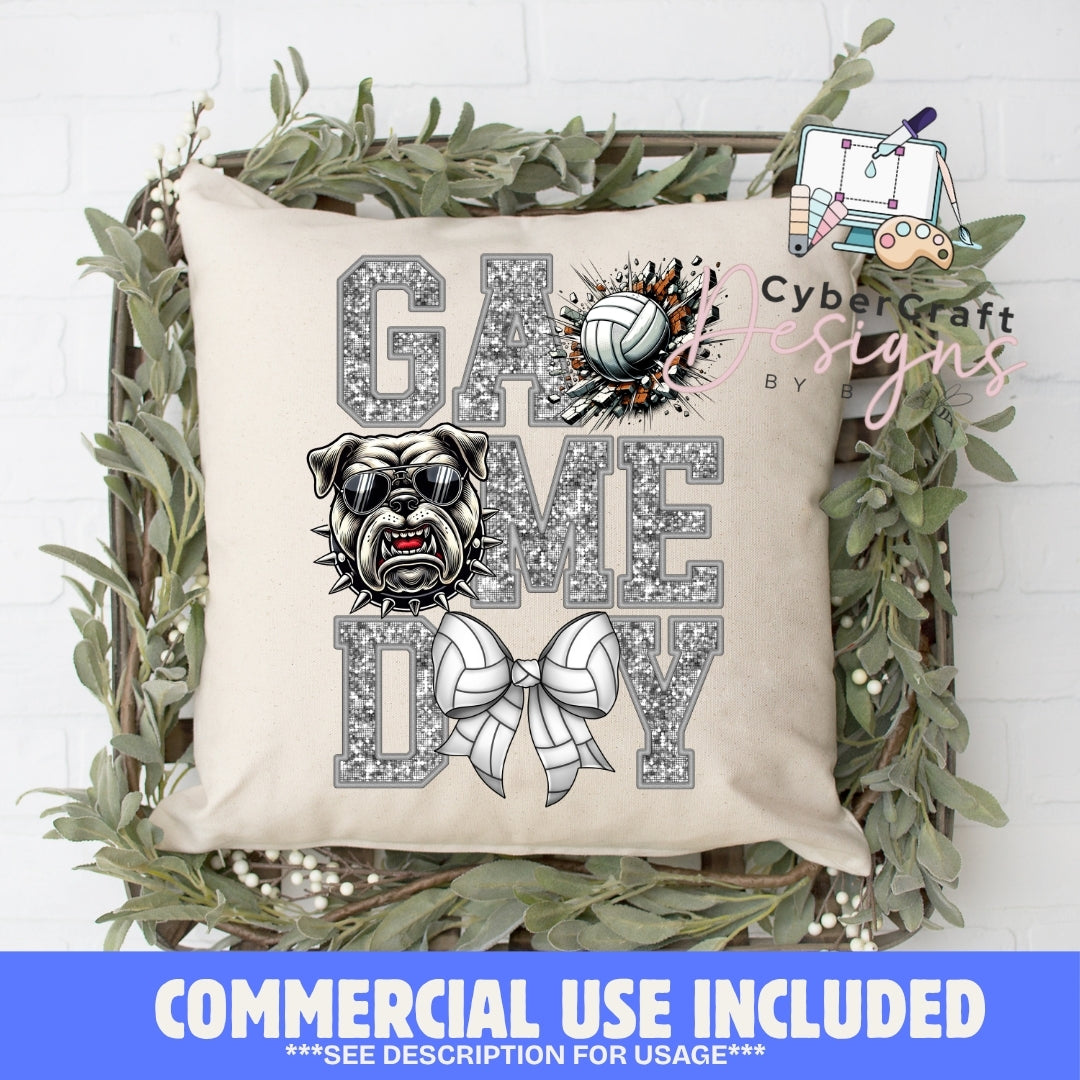 A square beige throw pillow with a 'GAME TIME' volleyball graphic, styled in a decorative wooden crate with green foliage. A blue banner at the bottom reads 'COMMERCIAL USE INCLUDED'.