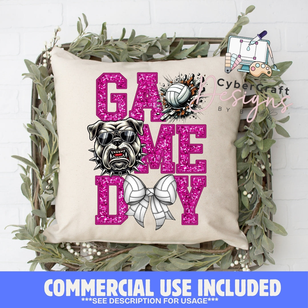 A square beige throw pillow displayed in a rustic wooden basket with green foliage, featuring a 'GAME DAY' design with a bulldog, soccer ball, and bow tie. A blue banner at the bottom reads 'COMMERCIAL USE INCLUDED'.
