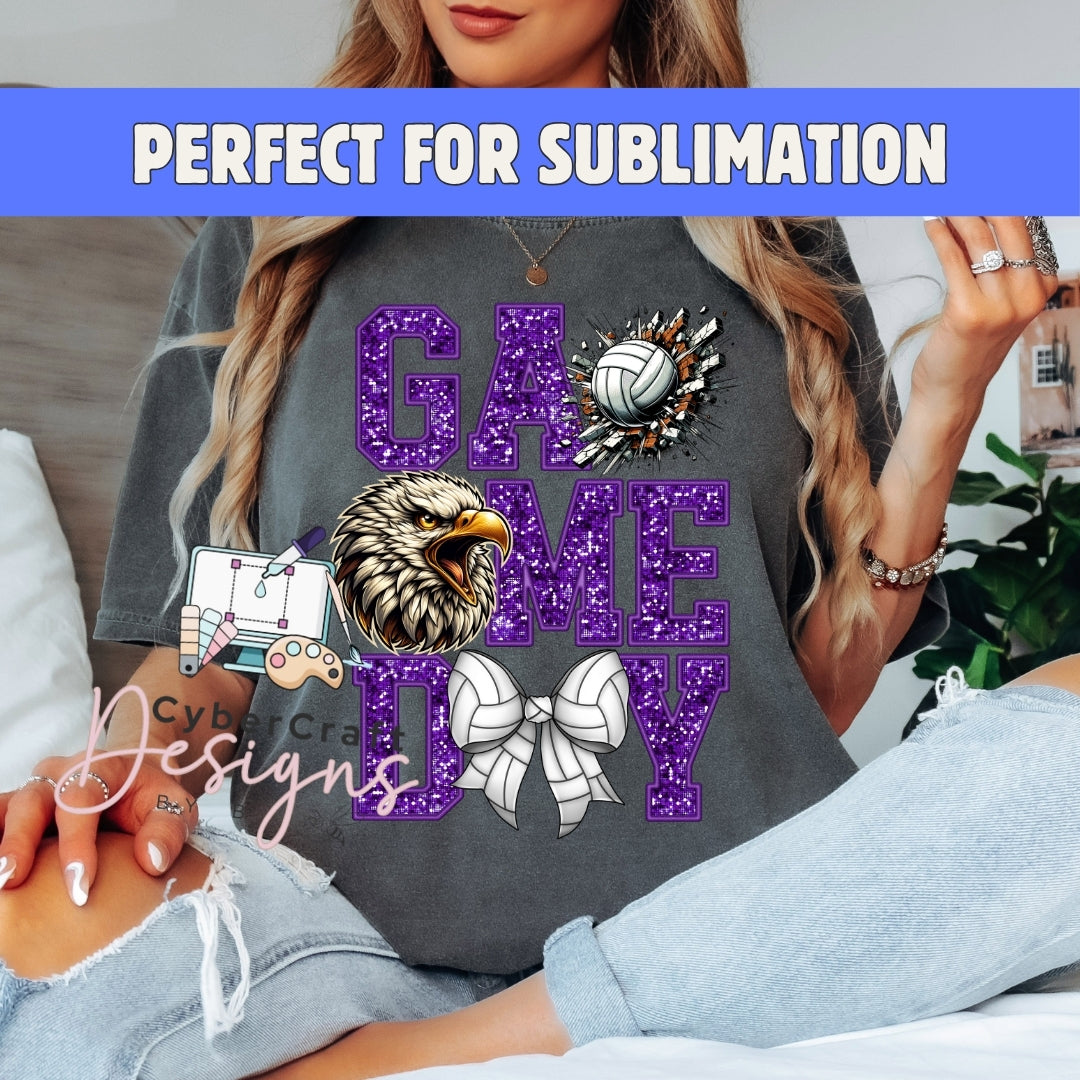 A woman wearing a dark gray t-shirt with a purple glitter 'GAME DAY' graphic, featuring a volleyball, eagle head, and white bow. A blue banner at the top reads 'PERFECT FOR SUBLIMATION' and a watermark 'CyberCraft Designs' is visible.