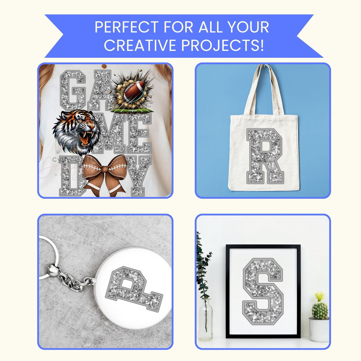 Silver Glitter Varsity Alphabet & Number Clip Art Bundle PNG | A-Z Letters & 0-9 Numbers | Commercial Use | Sublimation Alphabet | Digital Download