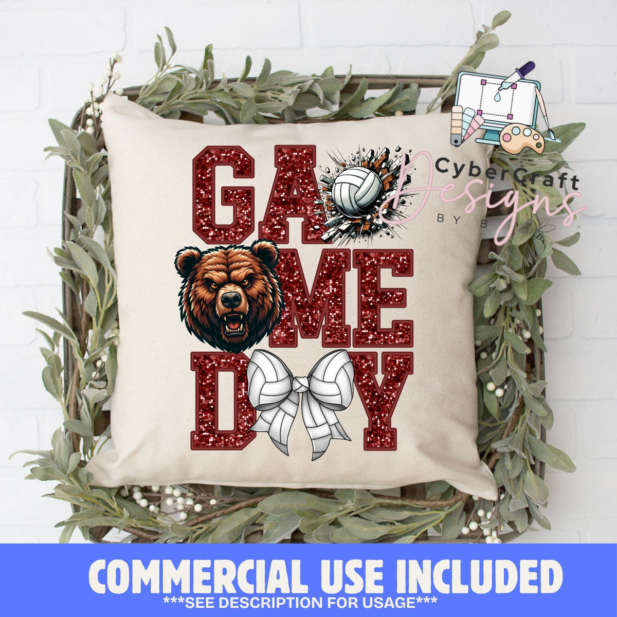 A square cream throw pillow with a 'Game Day' graphic featuring a brown bear, a volleyball, and a white ribbon bow, styled in a decorative wooden crate with greenery. A blue banner at the bottom reads 'COMMERCIAL USE INCLUDED'.