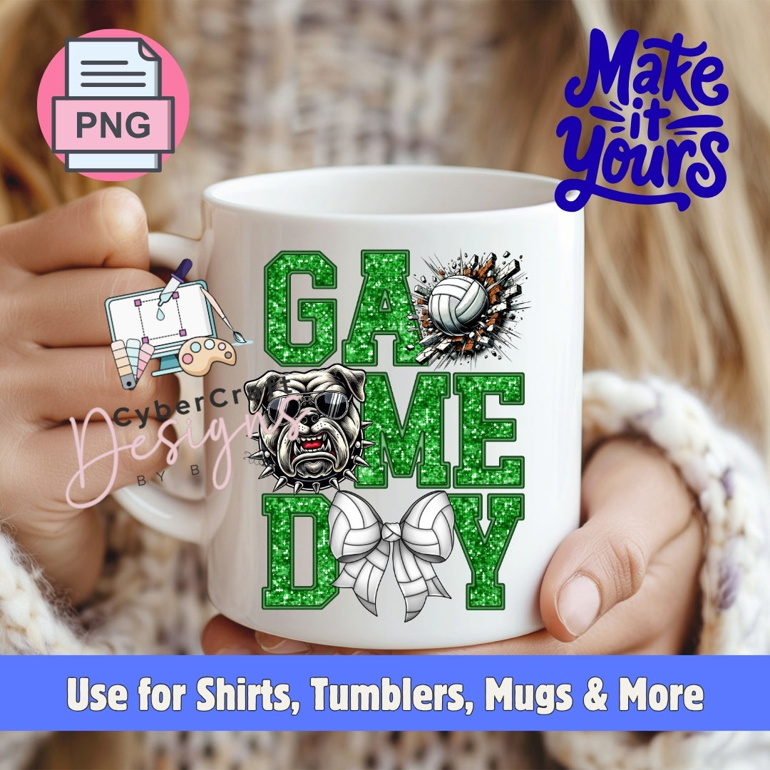 A white ceramic mug held by two hands, featuring a green glitter-style 'GAME TIME' design with a bulldog mascot, volleyball, and bow tie graphic. The image includes promotional overlays for 'PNG' and 'Make it Yours' by CyberCraft Designs.