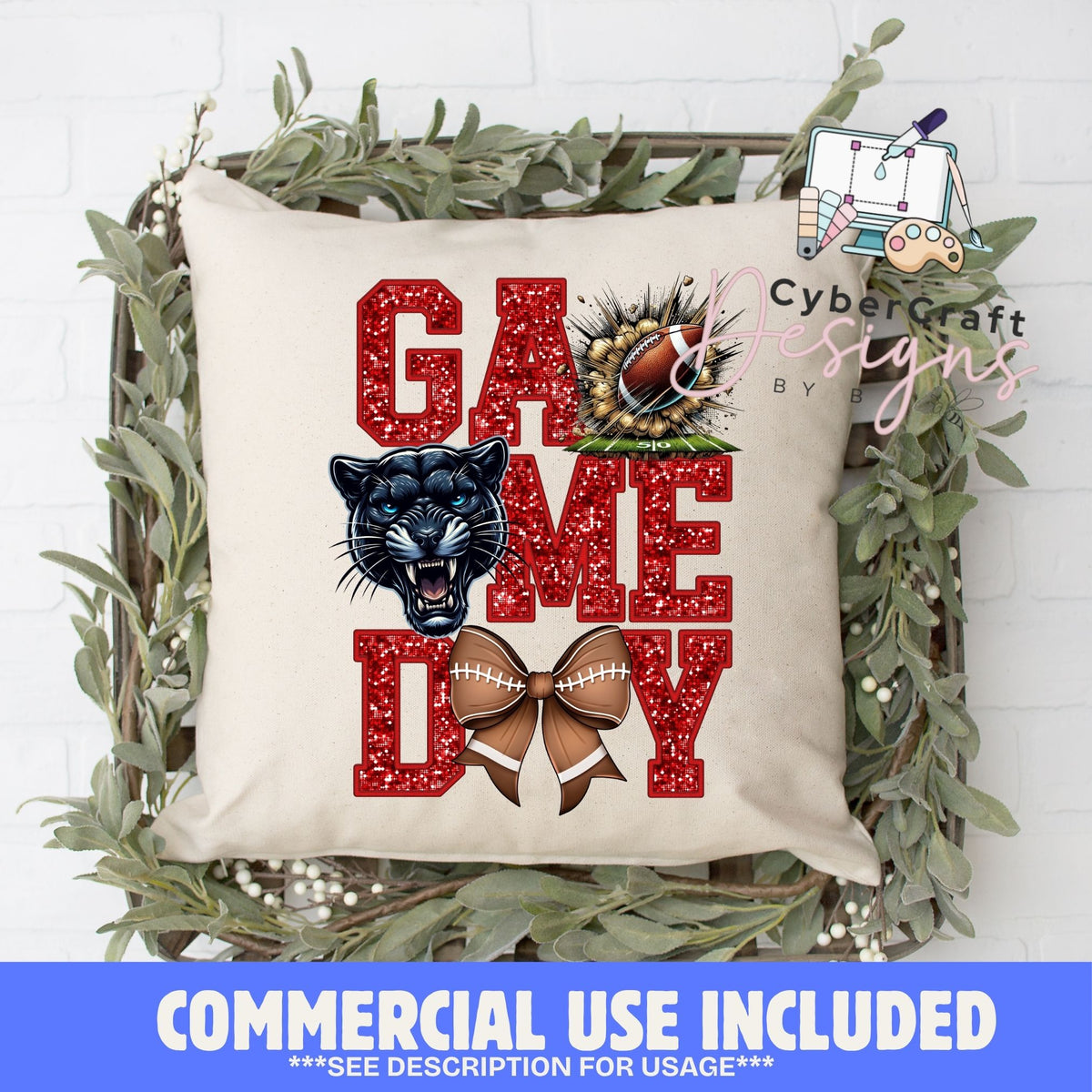 Digital PNG design displayed on a decorative pillow mockup showing one of many possible finished product applications.