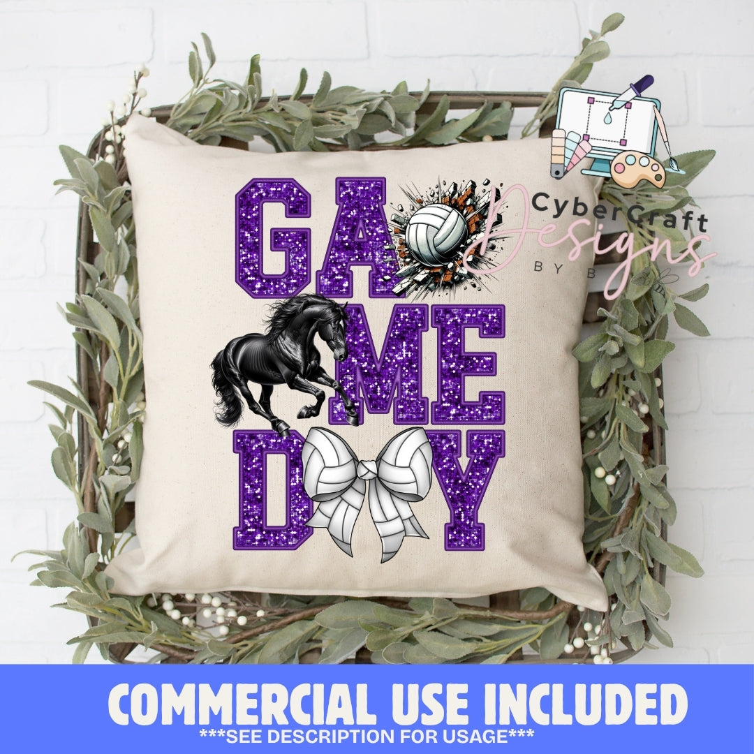 A square beige throw pillow with a 'Game Day' sports graphic, styled in a decorative wooden basket with green foliage. The graphic features purple glitter-textured block letters spelling 'GAME DAY', a black horse silhouette, a volleyball, and a white-and-black bow.