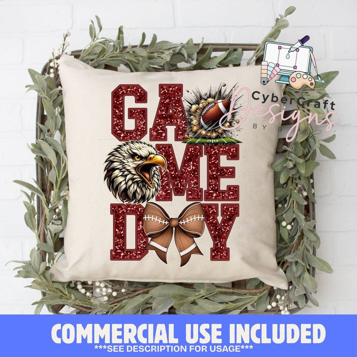 Digital PNG design displayed on a decorative pillow mockup showing one of many possible finished product applications.
