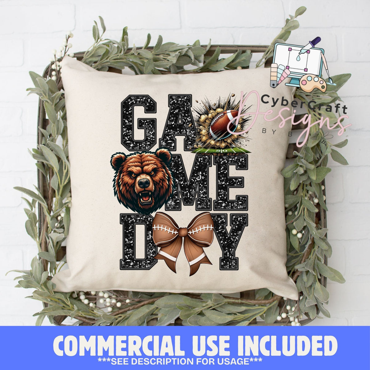 Digital PNG design displayed on a decorative pillow mockup showing one of many possible finished product applications.