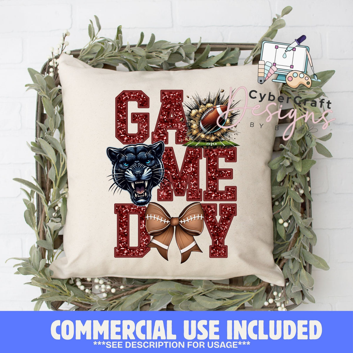 Digital PNG design displayed on a decorative pillow mockup showing one of many possible finished product applications.