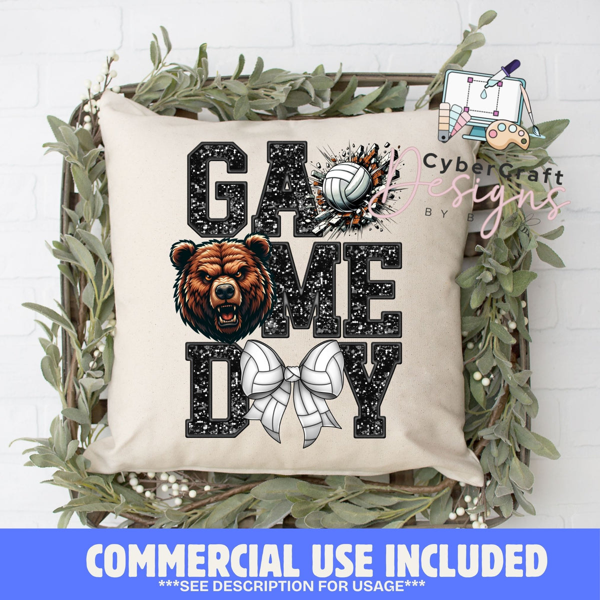 A square beige throw pillow with a black and white 'GAME DAY' volleyball graphic, featuring a brown bear head illustration and a volleyball, styled in a decorative wooden basket with green foliage. A blue banner at the bottom reads 'COMMERCIAL USE INCLUDED'.