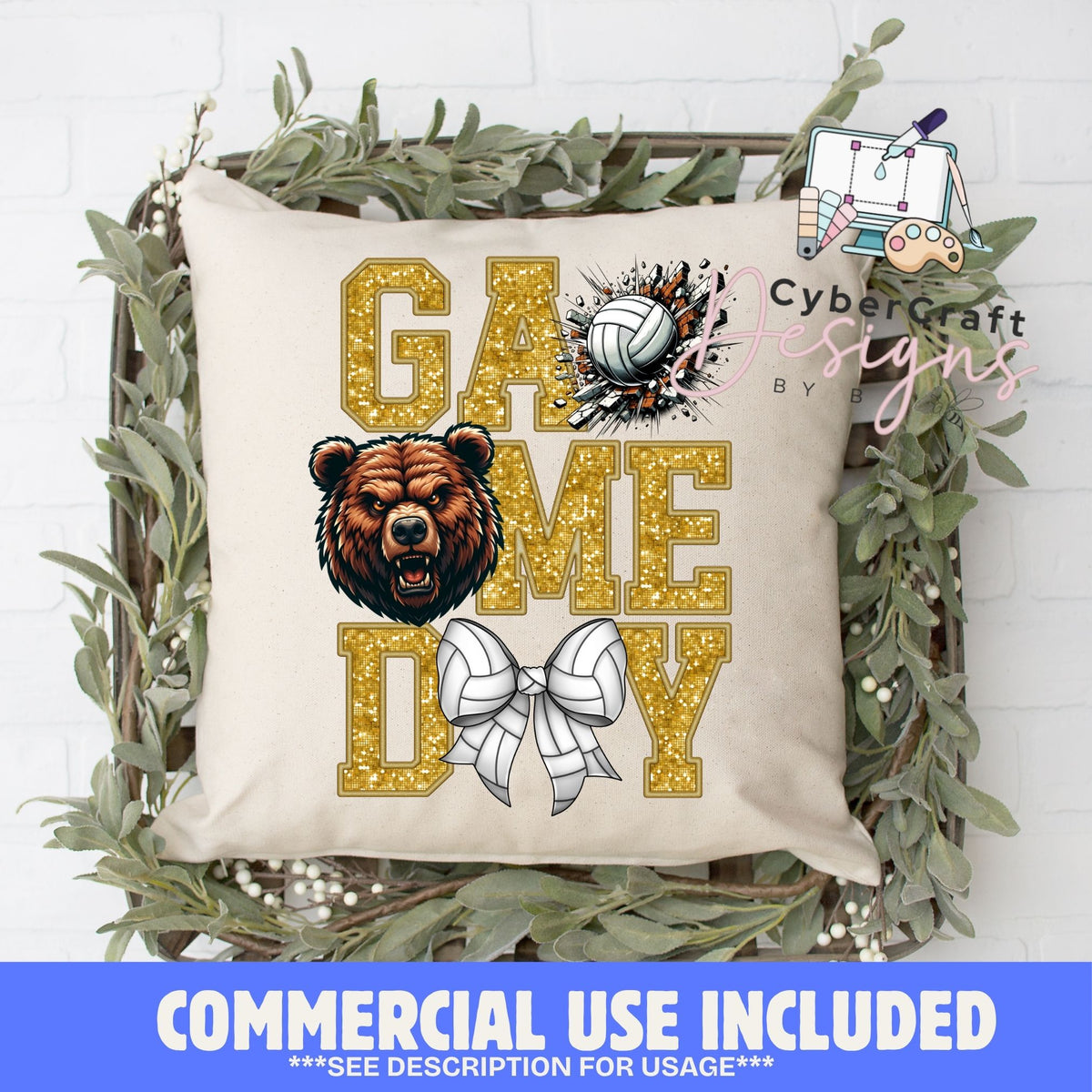 A square beige throw pillow with a 'Game Day' graphic featuring a brown bear, a volleyball, and a white bow, styled in a rustic wooden basket with green foliage. A blue banner at the bottom reads 'COMMERCIAL USE INCLUDED'.