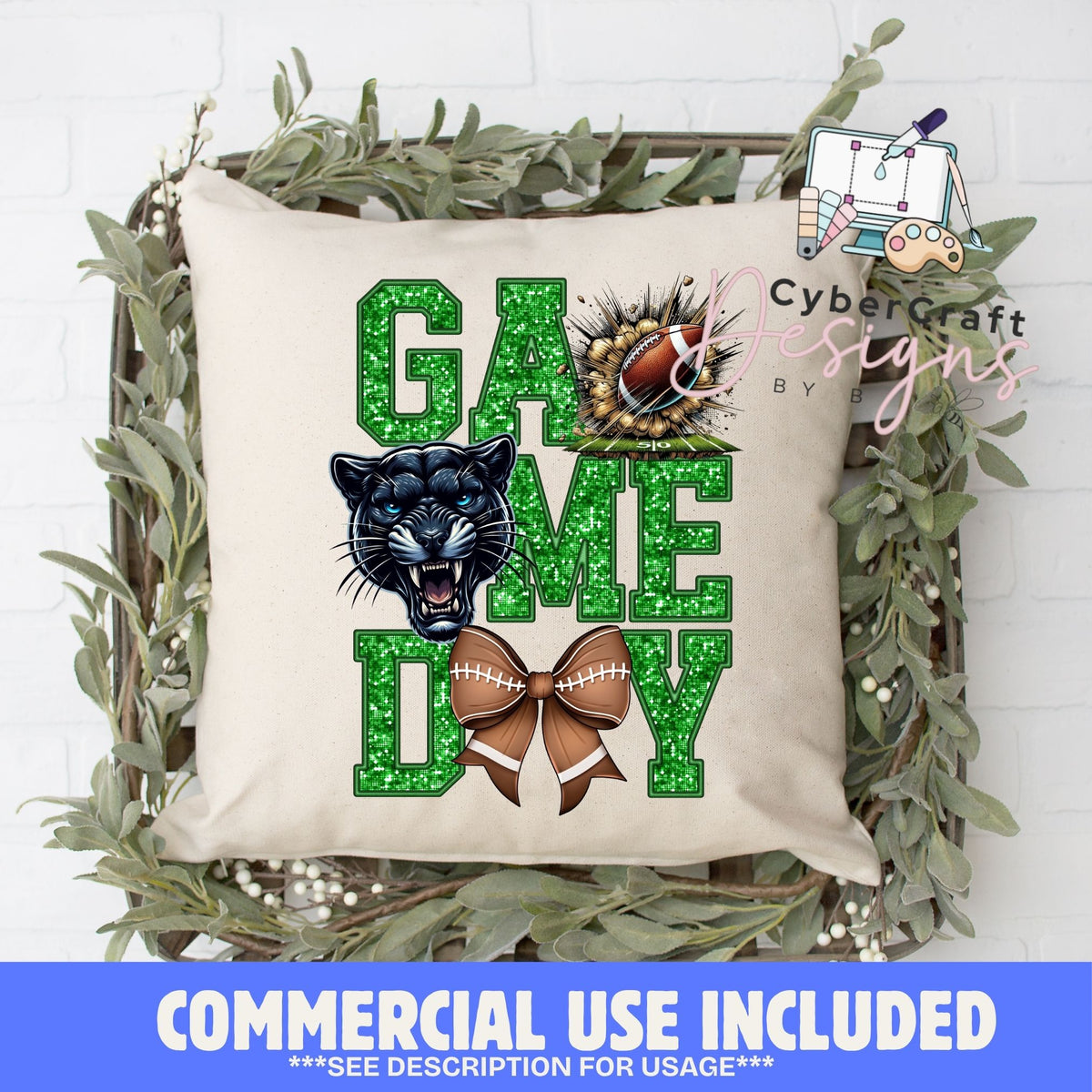 Digital PNG design displayed on a decorative pillow mockup showing one of many possible finished product applications.
