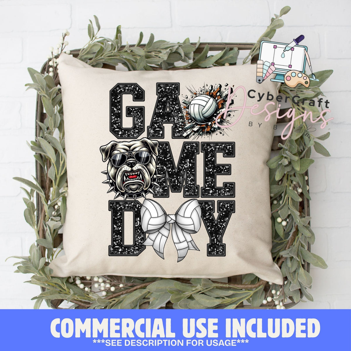 A square beige throw pillow with a black and white 'GAME DAY' volleyball graphic, displayed in a wooden crate with green foliage. A blue banner at the bottom reads 'COMMERCIAL USE INCLUDED'.