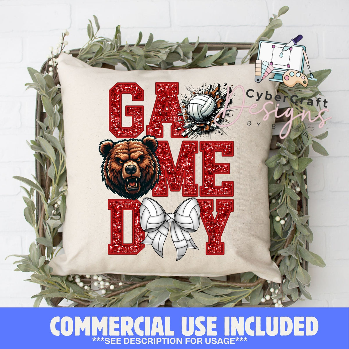 A square beige throw pillow with a 'GAME DAY' graphic featuring a bear head, volleyball, and bow tie design, styled in a decorative basket with greenery against a white brick wall. A blue banner at the bottom reads 'COMMERCIAL USE INCLUDED'.