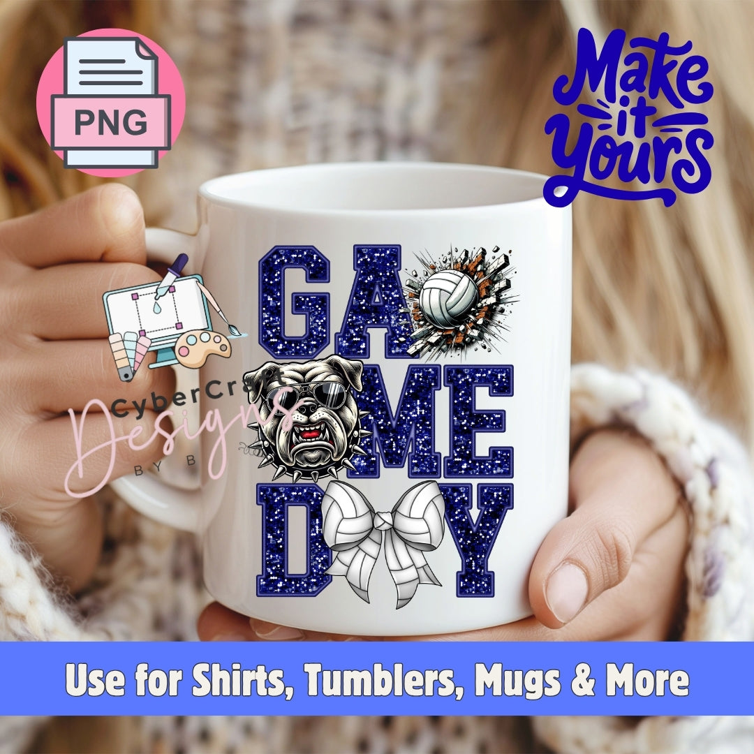 A white ceramic mug held by two hands, featuring a 'Game Day' design with a bulldog, volleyball, and bow tie in navy blue and white. The image includes promotional overlays for a digital design file.