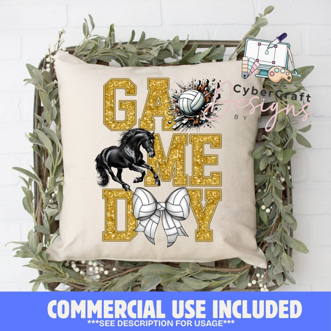 A square decorative throw pillow displayed in a rustic wooden basket with greenery, featuring a 'Game Day' design with glittery gold letters, a black horse, a volleyball, and a white bow. A blue banner at the bottom reads 'COMMERCIAL USE INCLUDED'.