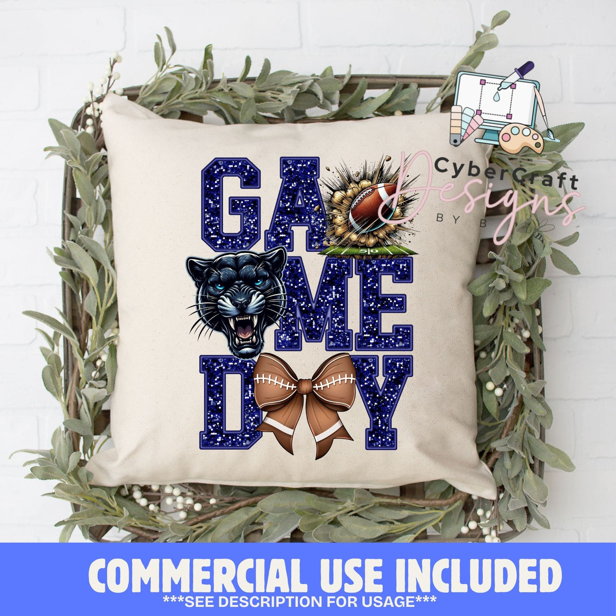 Digital PNG design displayed on a decorative pillow mockup showing one of many possible finished product applications.