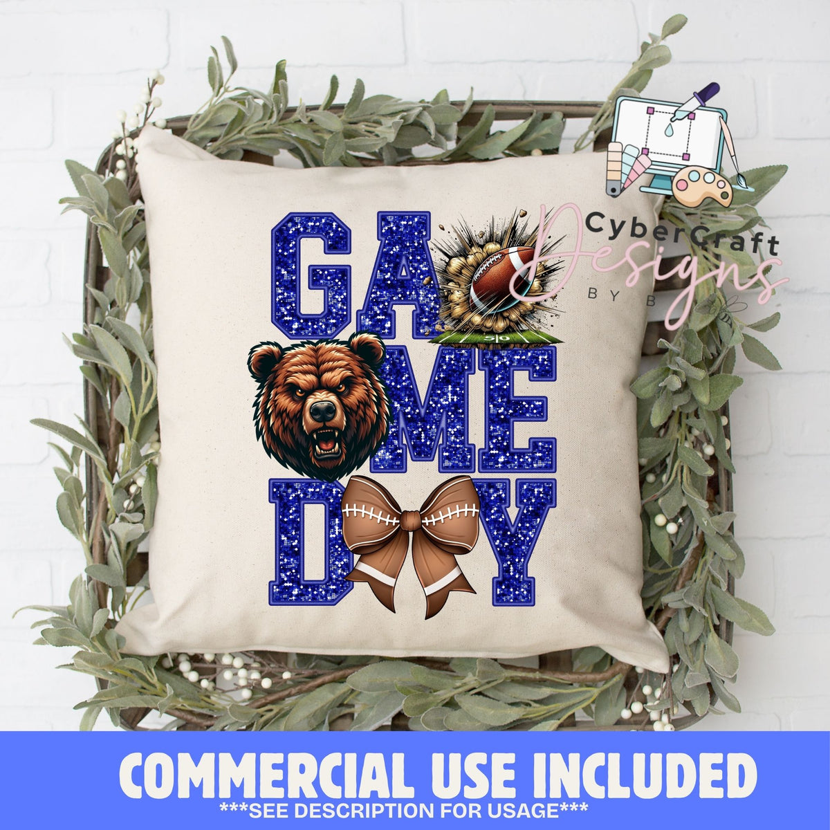 Digital PNG design displayed on a decorative pillow mockup showing one of many possible finished product applications.